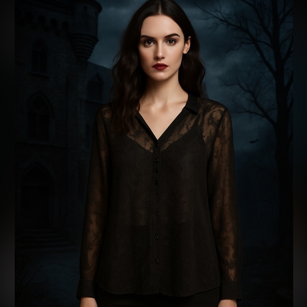 Nicola by EK Women’s XL Sheer Black Burnout Blouse Goth Witchy Vampire Top